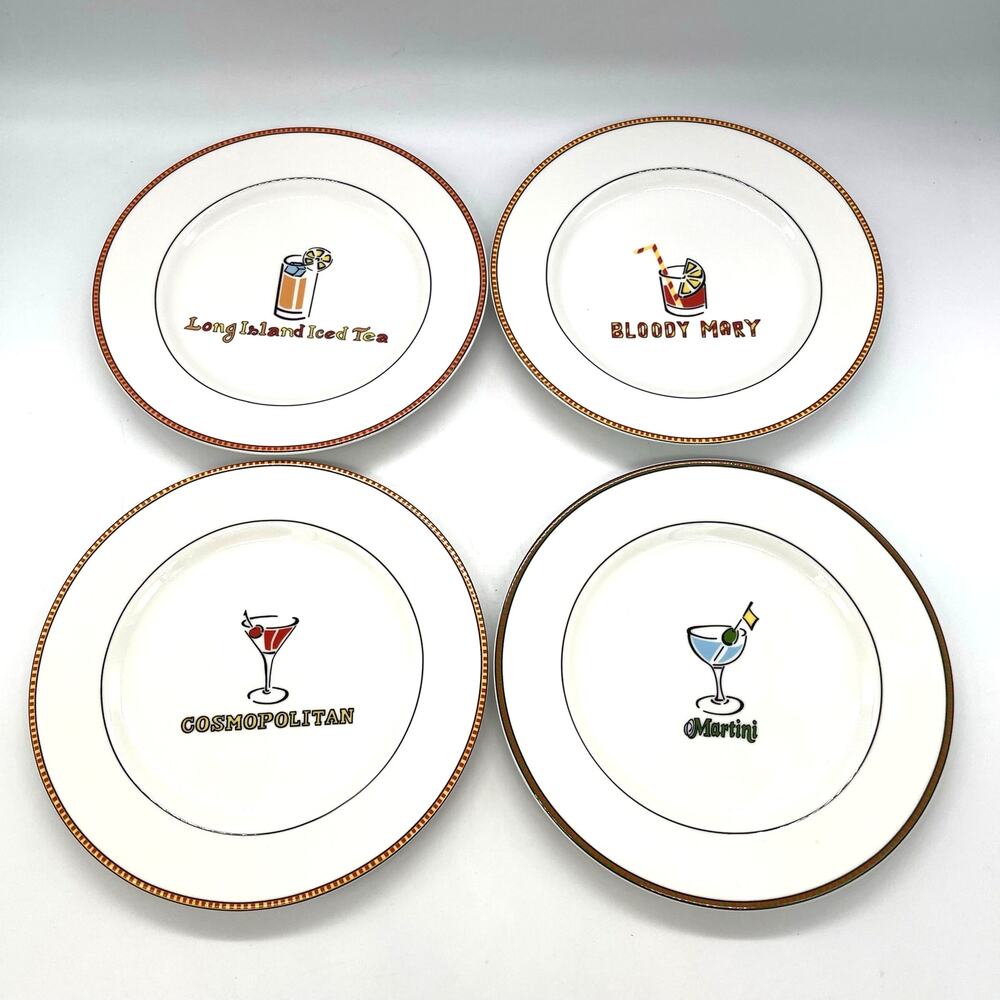 Ten Strawberry Street Set of 4 Tavern Cocktail Plates with Drink Recipes 7.75"